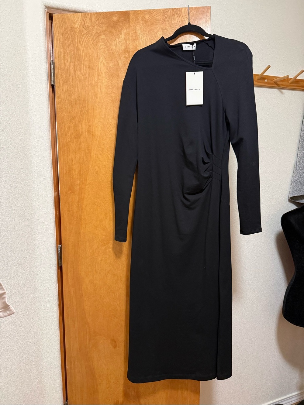 Marella Black Long-Sleeve Midi Dress with Side Ruching
